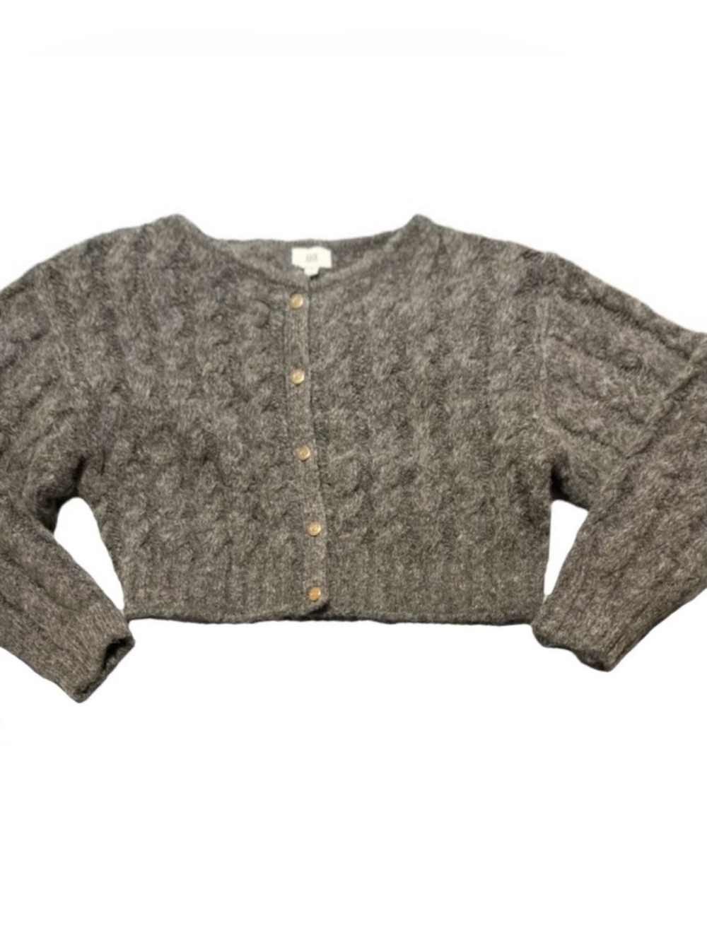 GAP x Cult Gaia Gray Cable Knit Cropped Cardigan Gold Buttons Size M